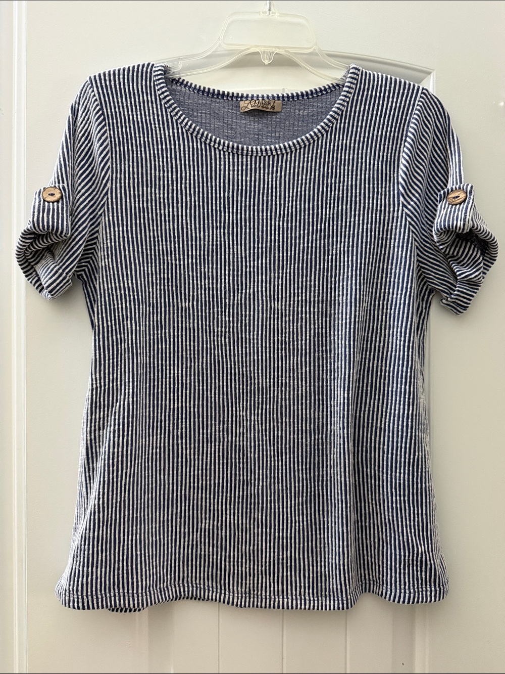 Lavish Navy & White Striped Roll-Tab Short Sleeve Top